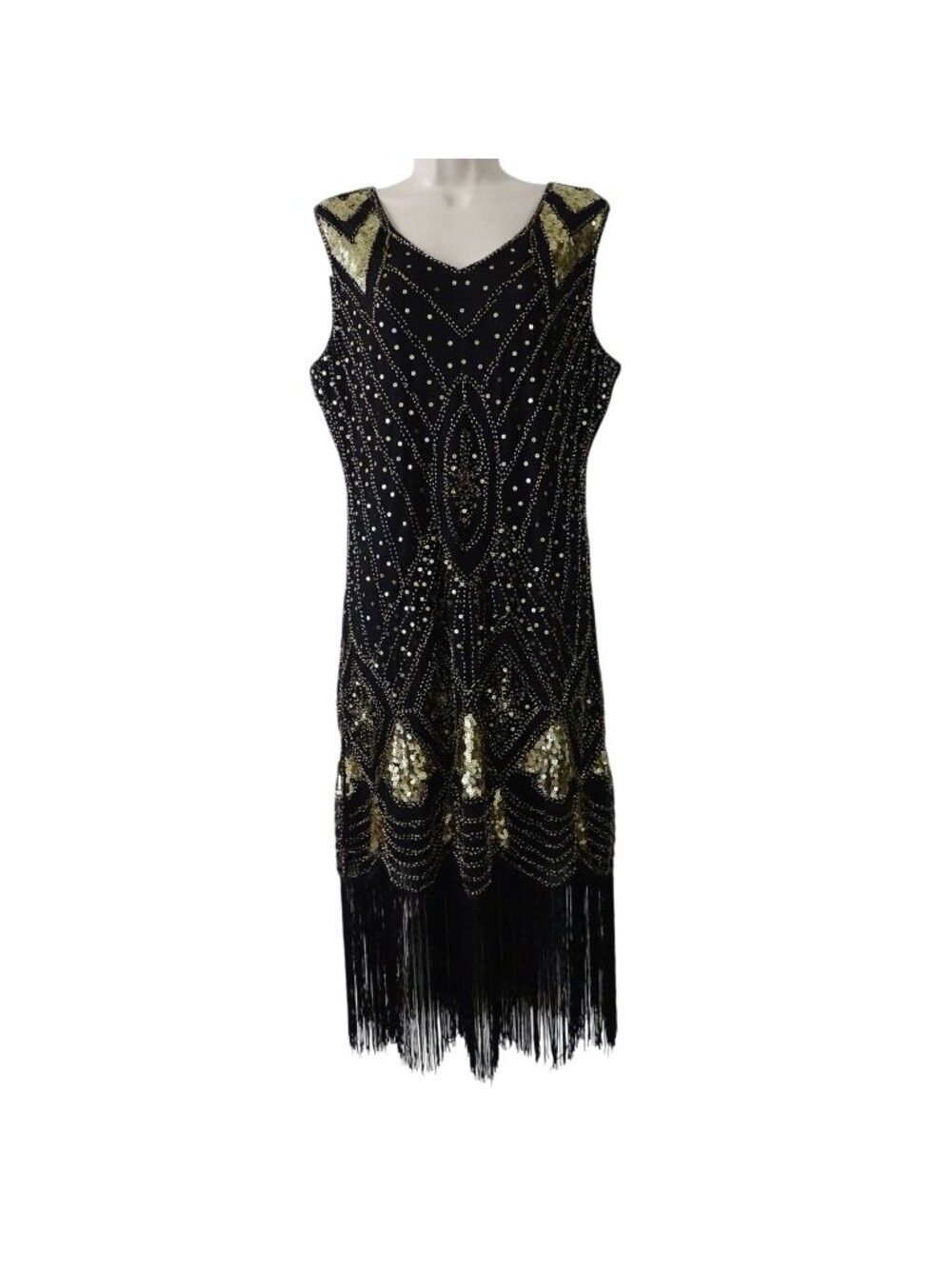 Black Gold Sequin Fringe Flapper Dress Sleeveless Size XL 20s Party Costume